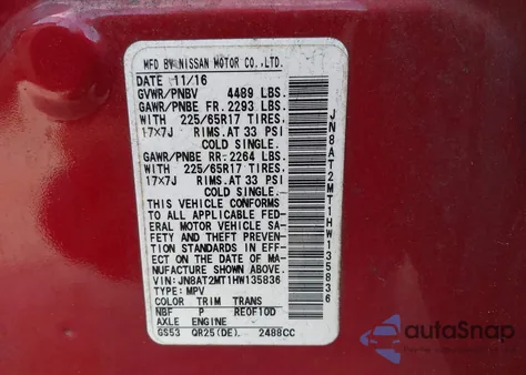 2017 Nissan Rogue Sv from USA, damaged, VIN JN8AT2MT1HW135836